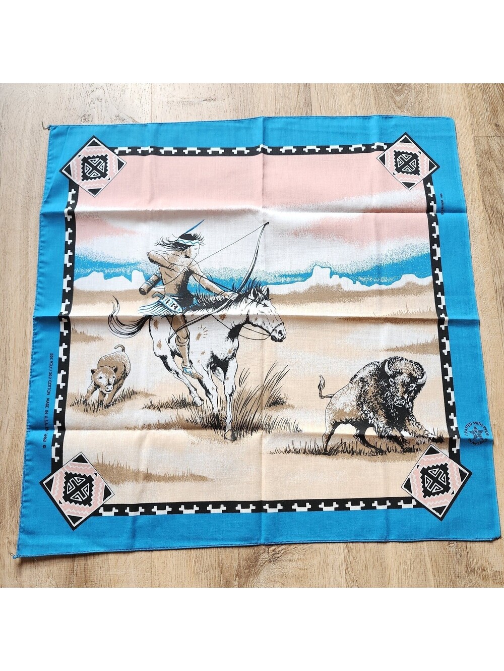 Vtg NOS Native American Hunter Southwest Bandana Handkerchief Springs Teal Pink